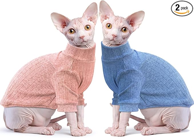 Idepet Sphynx Hairless Cats Sweater Shirt Kitten Soft Puppy Clothes Pullover Cute Cat Pajamas Jumpsuit Cotton Apparel Pet Winter Turtleneck for Cats and Teacup Chihuahua(2 Pack-Blue&Pink,XXL)