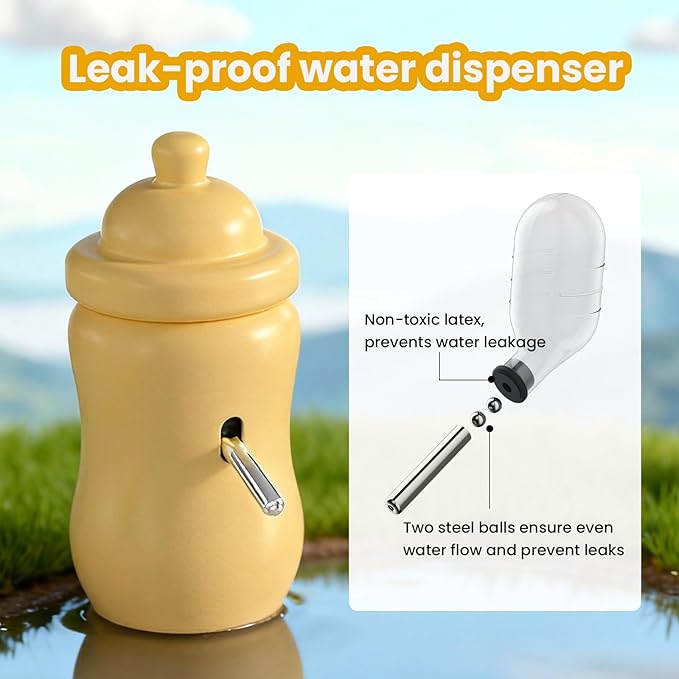 Ceramic Hamster Water Bottle with Stand and Food Bowl Set, Anti Flipping Food Dish and Water Dispenser for Dwarf Hamster Gerbils Syrian Hamster Mice Rats Accessories for Cages (Yellow)