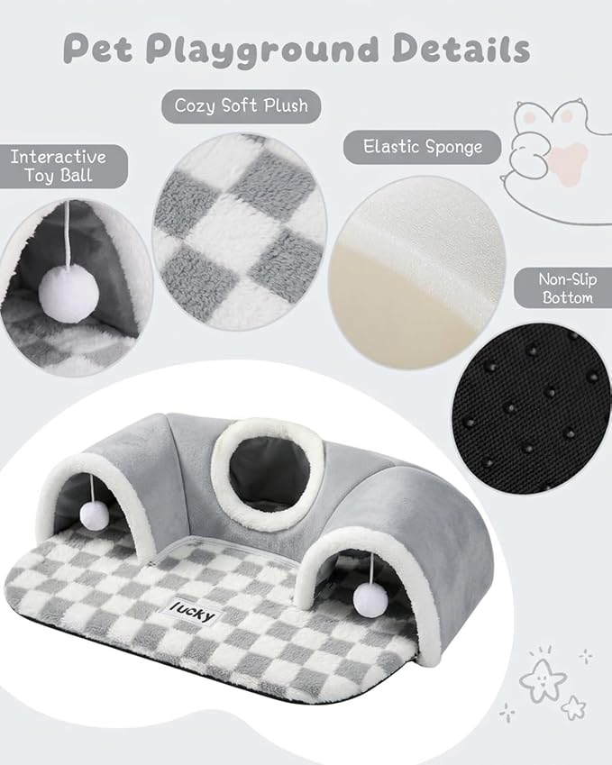Extra Large Guinea Pig Hideout Tunnel, 3-Cave Small Animal Tunnel for Play Tube Toys Mat, Pet Tunnel for Dwarf Rabbits Bunny Chinchillas Hamsters Hedgehogs Ferrets,Grey, 22.05" × 16.14"× 5.51"