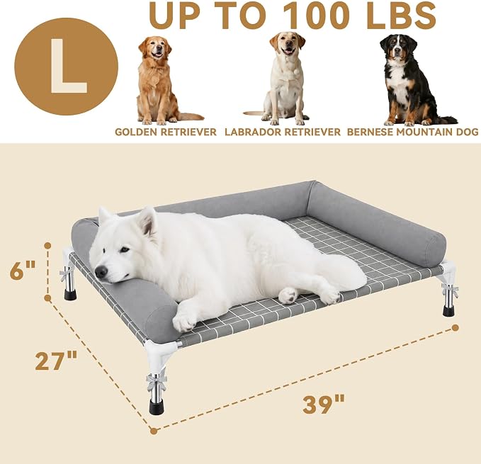Heavy Duty Elevated Dog Bed with Bolster - 39"x27" Raised Pet Cot for Large Dogs, 0.5mm Stainless Steel Frame Double-Layer Canvas Portable Dog Sofa for Outdoor and Camping
