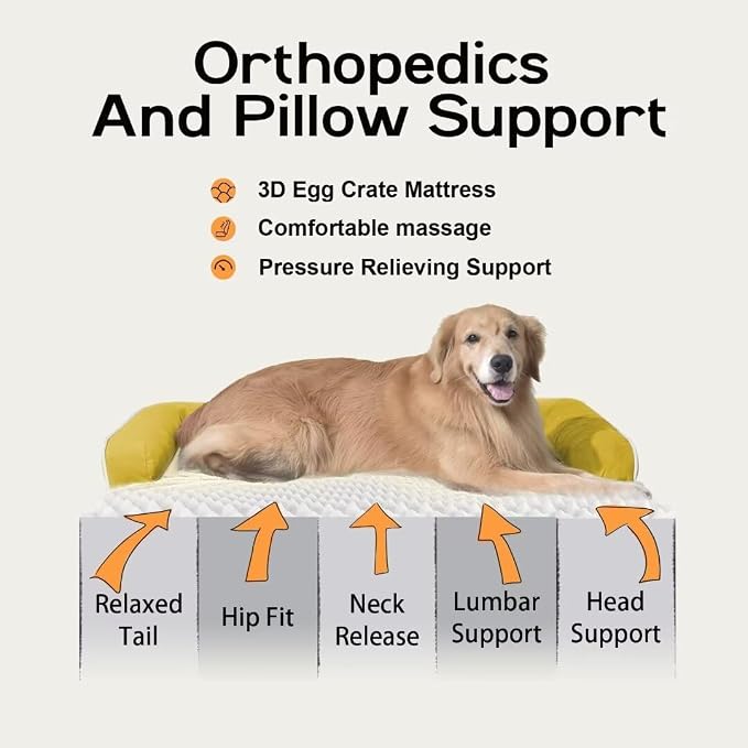 MEKIY XXL Orthopedic Waterproof Dog Bed with Bolster for Extra Large Dogs | Pillow Support for Neck Relief, Egg Crate Foam, Waterproof Liner, Anti-Slip Bottom, Removable Bolster Cover, 45 x 35 Inch