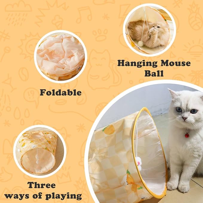 Andiker Cat Tunnel Bags for Indoor Cats, 13x17x12In Foldable Cat Crinkle Bag with 3 White Plush Balls and 1 Mouse 5 Holes for Kitten to Hide and Catch 3 Layers Cat Toy (Rabbit)