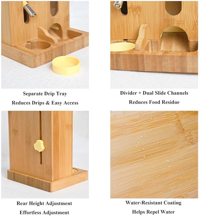Adjustable Hamster Water Bottle Stand and Feeding Station, Bamboo Wood 2-in-1 Food Bowl Holder, Small Animal Hideout Accessorise for Syrian and Dwarf Hamsters
