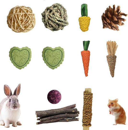 Hamster Chew Toys, 11PCS Rabbit Molars Care Set Sweet Bamboo Water Grass Ball and Cake Apple Branch Treats for Chinchilla