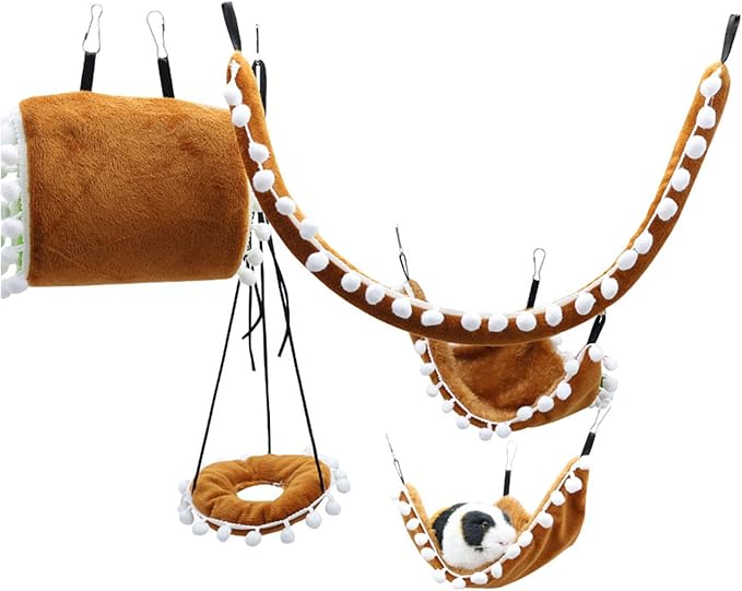 5 in 1 Ferret Rat Guinea Hammock and Warm Bed, Soft Cotton Guinea Pig Hideout Hammock Tunnel, Hanging Swing Cage Accessories for Hamster Sugar Glider Squirrel