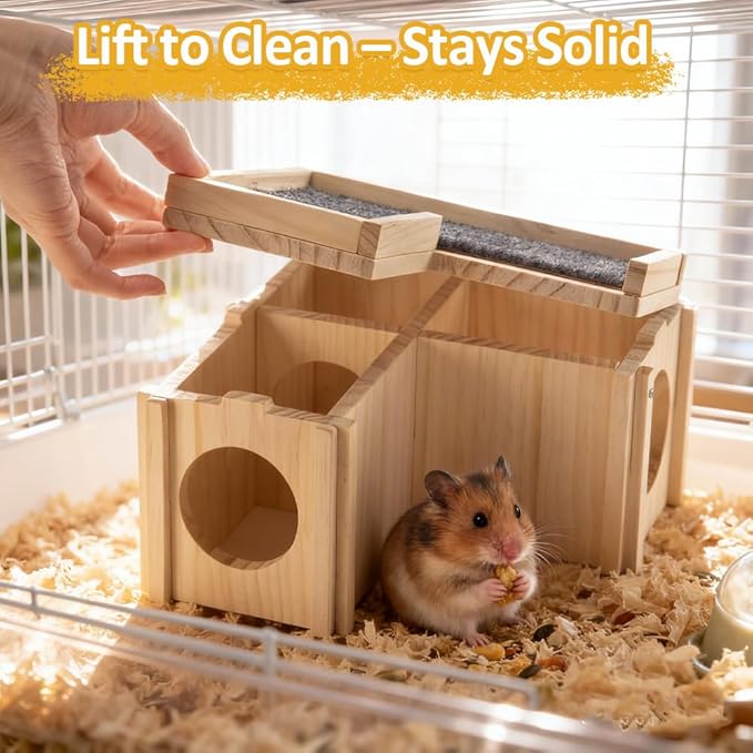 Hamster Hideout Wooden House with Ladder & Washable Pad, Small Animal Habitat Cage Accessories, Cozy Nest for Dwarf Syrian Hamsters, Gerbils & Mice