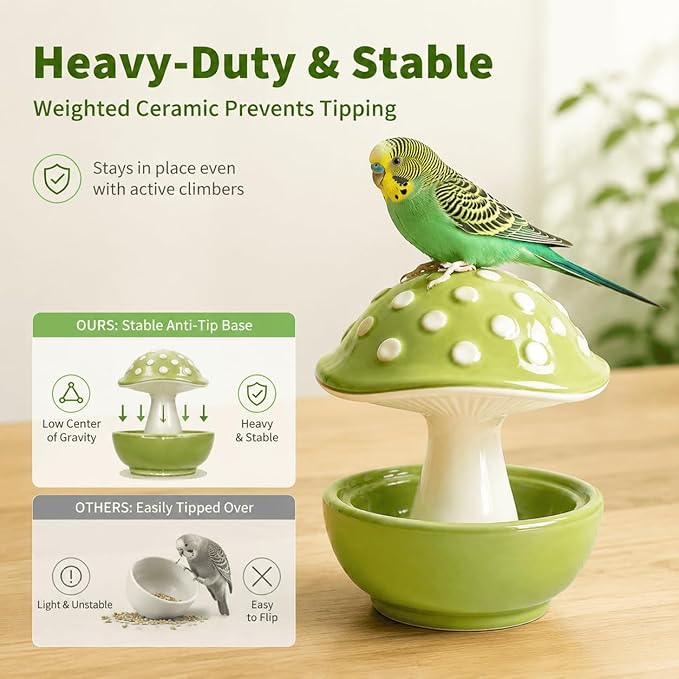 Small Animal & Bird Feeding Dish, Ceramic Mushroom No Mess Feeder for Cage, Dual-Use Food or Water Bowl for Hamster, Budgie, Cockatiel, 4.33" Height