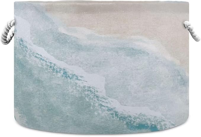 Beach Wave Print Round Storage Basket Blue Sea Ocean Watercolor Wave Large Laundry Hamper 20 x 20 x 14 Inches Organizer Bin with Handles Clothes Storage Bag for Nursery Bedroom Living Room Decor