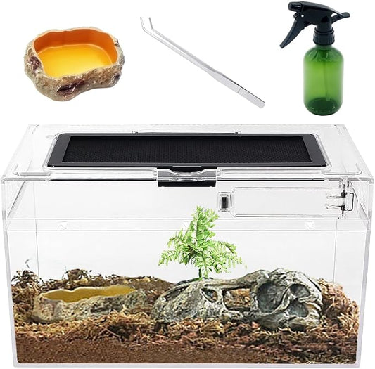 Mini Reptile Terrarium Set,11.8" x 7"x 6" Low Reptile Tank with Full View Visually Appealing，for Insect，Fish，Tarantula，Hermit Crab，Jumping Spider，Iguana，Tortoise，Leopard Gecko，Frog，Bearded Dragon