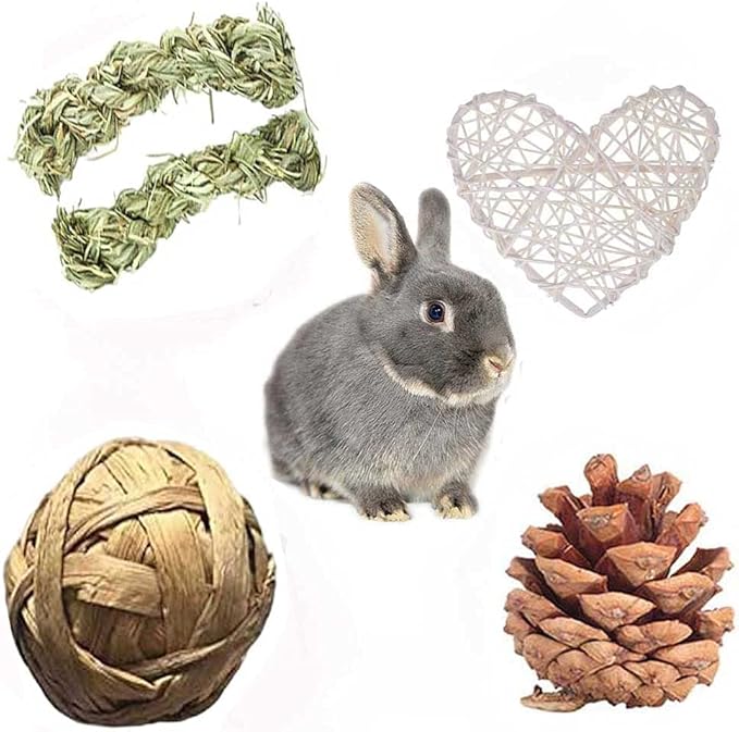 Bunny Hamsters Chew Toys Set, Straw Woven Bed Mat& Rabbit Pet Tooth Organic Natural Apple Wood Grass Cake Ideal for Chinchilla, Guinea Pigs, Syrian Rat,birds,Teeth Grinding&Hámster Conejo(22Pieces)