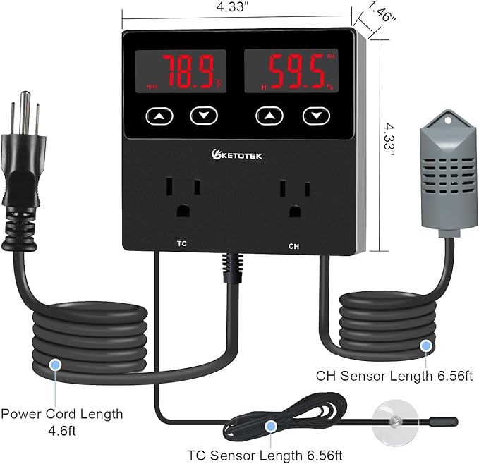 KETOTEK Digital Temperature and Humidity Controller Outlet, Reptile Thermostat Plug Dual Stage Pre-Wired for Mushroom Greenhouse Homebrew