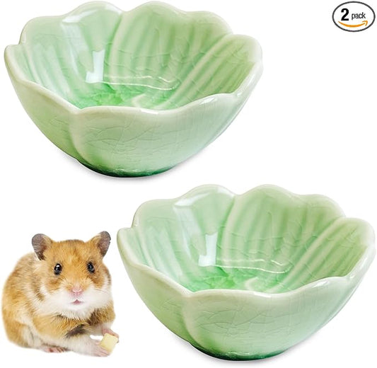 BNOSDM 2 Pcs Hamster Ceramic Food Bowl Flower Series Gerbil Drinking Bowls Anti-Turning Food & Water Dish for Dwarf Syrian Hamsters Gerbil Chinchilla（Green, Narcissus Pattern）
