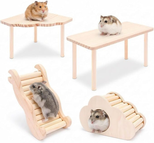 4 PCS Natural Wood Hamster Cage Accessories Set, Multi-Level Habitat Decor with Cloud Hideout, Climbing Ladder & Standing Platforms, Exercise Playground for Syrian Hamsters, Gerbils, Mice (A)