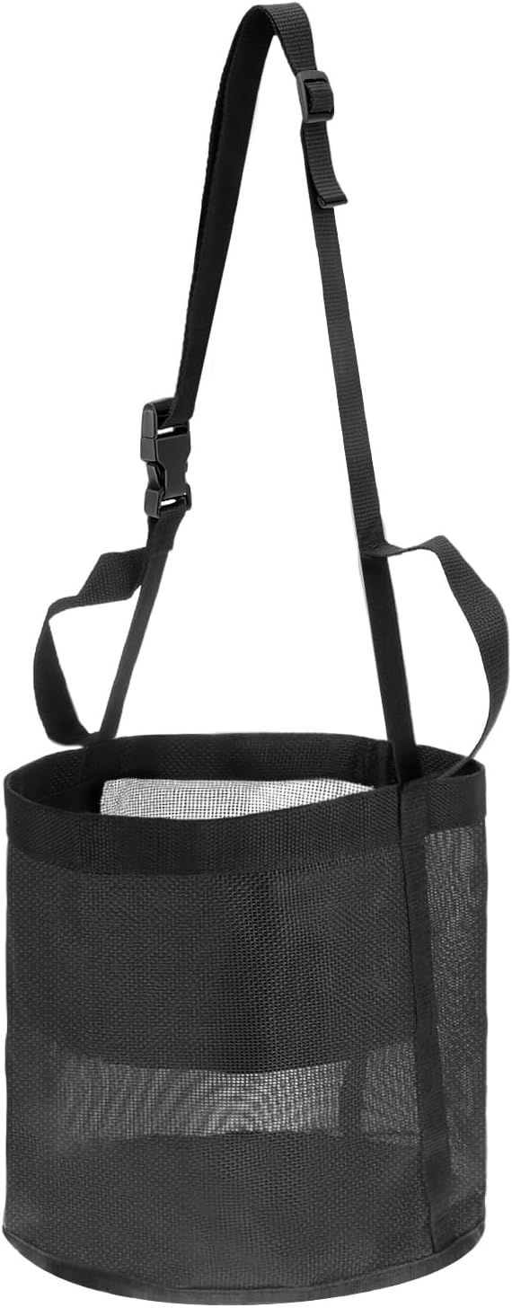 QWORK Horse Feed Bag Grain, Black PVC Mesh Horse Feeder with Adjustable Strap, (Fits Small to Full-Sized Horses)