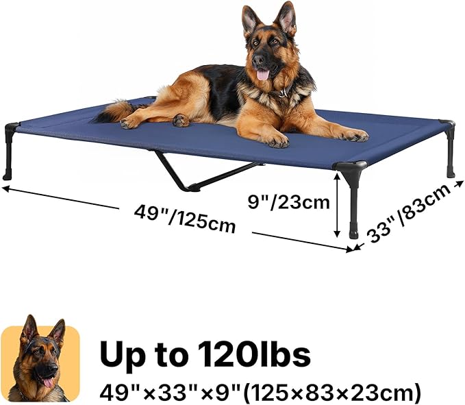 Veehoo Outdoor Elevated Dog Bed Large Sized Dogs, XL Cooling Raised Dog Cots Beds Training Platform Off Ground Hammock with Breathable Mesh, No-Slip Feet, 49"x33", Blue