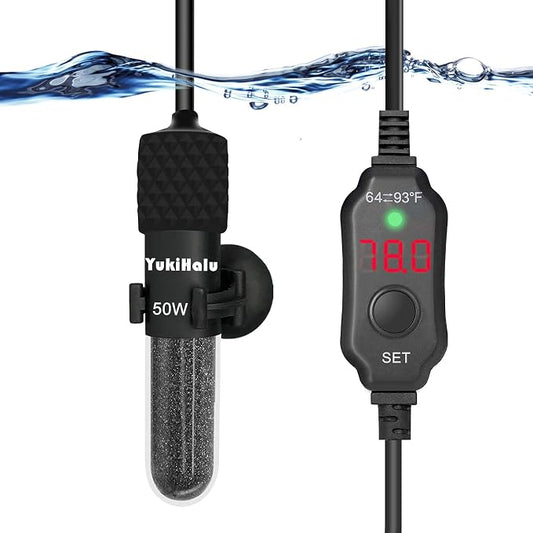 YukiHalu Small Submersible Aquarium Heater, Adjustable Mini Fish Tank Heater 25W 50W 100W 200W 300W with External Temperature Controller, LED Display, Used for 5/10/20/40/60 Gallons (50 Watts)