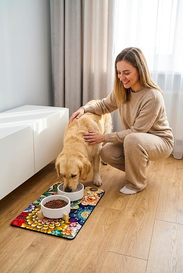 Rnivvi Dog Food Mat, 12" x 19" Flower Absorbent Dog Cat Bowl Mat for Food and Water, Cute Anti-Slip Rubber Pet Feeding Rug Protect Floors, Puppy Placemat for Feeding & Watering Supplies,Mandala Floral