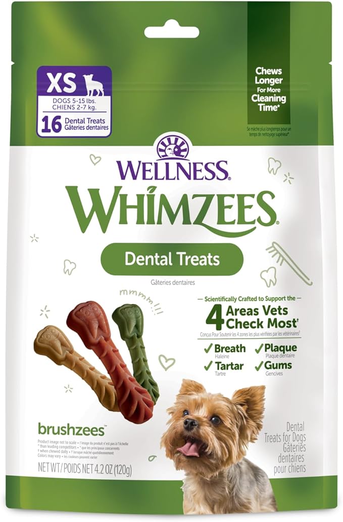 Wellness WHIMZEES Brushzees Dog Dental Treat, VOHC Accepted Chews, Freshens Breath, Extra-Small Size, 4.2 oz Bag, 16 Count
