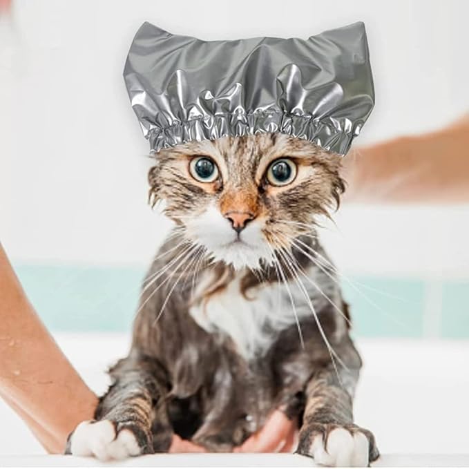 Pet Shower Cap Waterproof Reusable Bath Ear Covers with Adjustable Strap Cat Dog Bathing Hat for Ears Protection Elastic Headgear for Cat Dog Kitten Puppy (Silver,M (12.6''-18.1''))