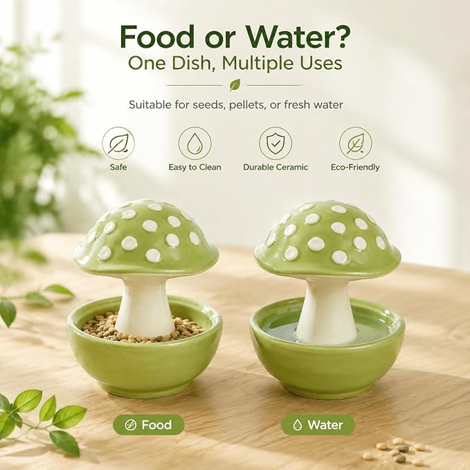 Small Animal & Bird Feeding Dish, Ceramic Mushroom No Mess Feeder for Cage, Dual-Use Food or Water Bowl for Hamster, Budgie, Cockatiel, 4.33" Height