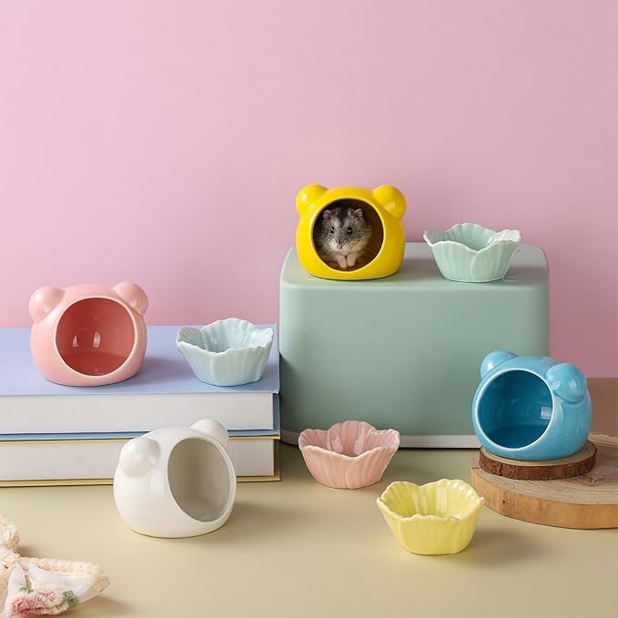 VanEnjoy 2 Pack Ceramic Guinea Pig Food Bowl Cute Flower Hamster Cage Accessories for Chinchilla Hedgehog Pink and Blue Small Animal Water Dish