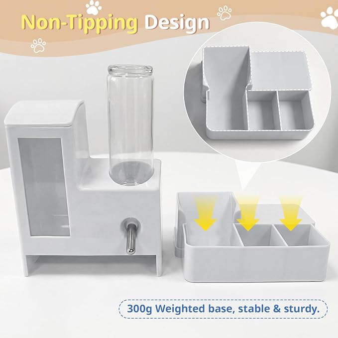2 in 1 Hamster Water Bottle, No Drip 120ml Hamster Water Bottle, Gravity Hamster Food Bowl with Snack Bowl, Hamster Cage Accessories for Cage for Guinea Pigs