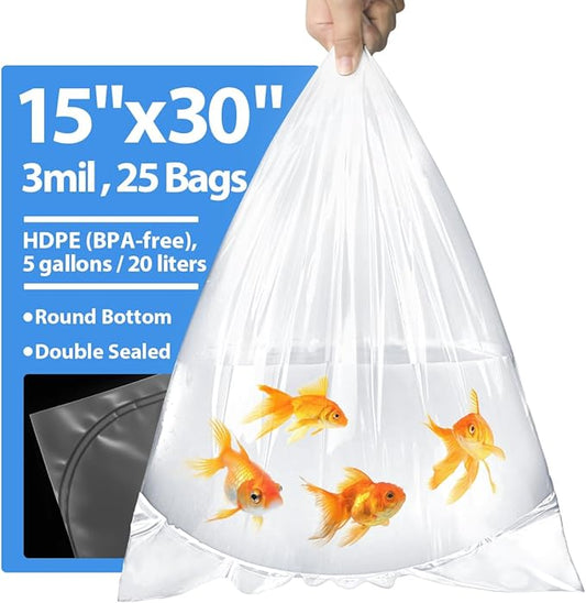 Fish Shipping Bags for Live Fish, 15x30” Round Bottom Double Seal Clear Leak-Proof Live Fishes Transport Bags Koi Transport Bag, Betta Shipping Fishery Bag (Ultimate 3 mil, 25 Pack)