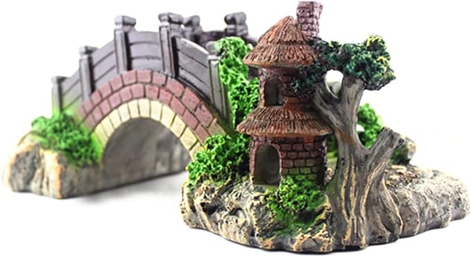1pc Aquarium Landscaping,Magical Aquarium Resin Decoration Colorful Bridge Pavilion Tree Rockery for Fish Tank