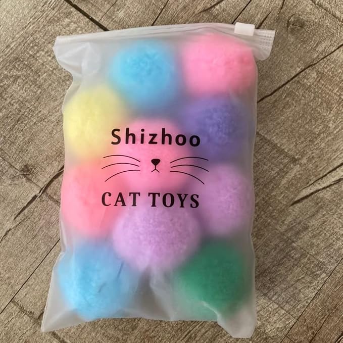Premium Soft Pom Pom Balls for Kittens - Lightweight, Interactive, Assorted Colors - Plush Toy Balls for Kitten Training and Play - Pet Products for Cats (2.0 Inches 10 Balls)