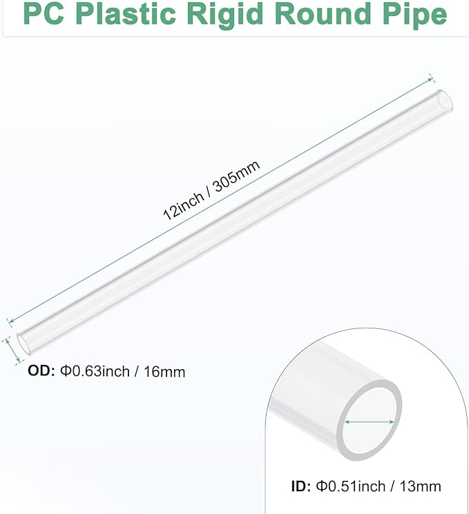 M METERXITY Clear Plastic Tube, 13mm[0.51"] ID x 16mm[0.63"] OD High Impact Rigid Polycarbonate Round Pipes for Water Plumbing/Lighting/Aquariums/Models, Plastic Tubing [305mm/12IN]