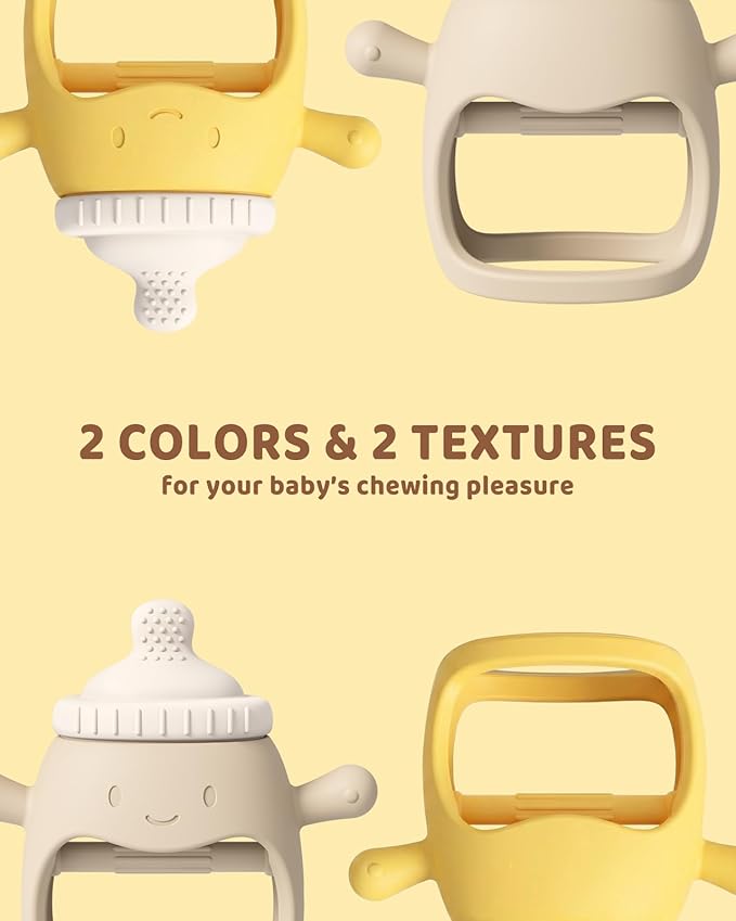 2 Packs Baby Teething Toy Silicone Teething Mitten for Babies Over 3 Months Anti Dropping Wrist Hand Teethers Baby Chew Toys for Sucking Needs, BPA Free (BabyBottle Yellow)