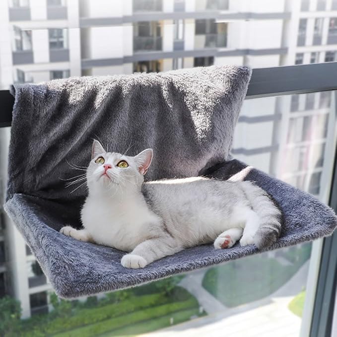 FABULETTA Hanging Radiator for Pet Bed with Plush Villus for Cats and Small Animals, Foldable Metal Frame, Machine Washable Cover, Beige(Gray)