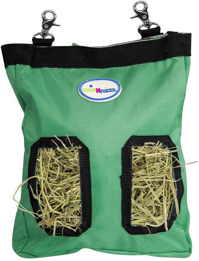 2-Opening Hay Bag for Rabbits, Guinea Pigs & Chinchillas, Compact Hanging Hay Feeder, 9" x 11" x 1.5", Helps Reduce Hay Waste & Cage Mess, 6-Month Warranty (Green, 9" x 11" x 1.5")