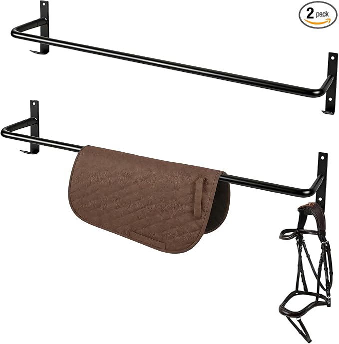 2Pcs Heavy Duty Horse Blanket Rack with Bridle Hooks, Wall Mounted Assembled Blanket Bar, Saddle Pad Rack for Horse Tack Storage, Black