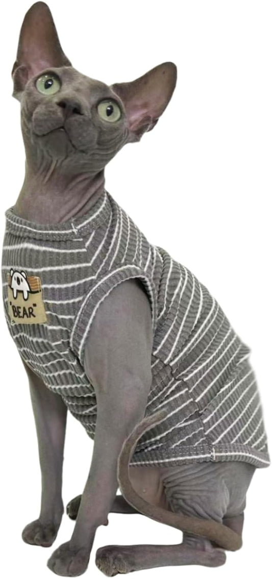 Grey Stripe Sphynx Cat Vest Clothes for Hairless Cat T-Shirt Apparel | Sleeveless, Rib Knit, Thin for Summer, Cotton Blend