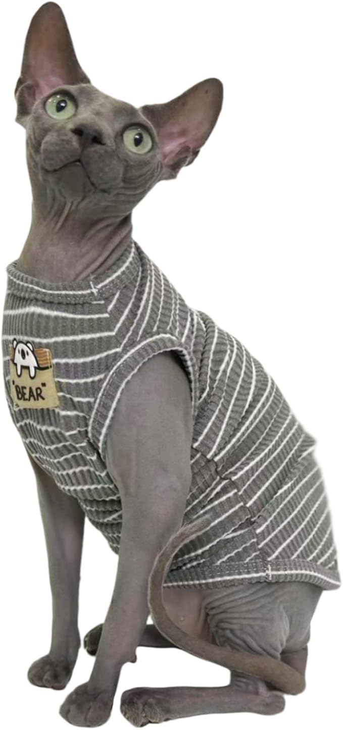 Grey Stripe Sphynx Cat Vest Clothes for Hairless Cat T-Shirt Apparel | Sleeveless, Rib Knit, Thin for Summer, Cotton Blend