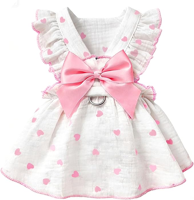 Dog Dresses for Small Dogs Girl Female Dog Cat Clothes Dress Cute Cotton Extra Summer Clothes Bow Decor Printed Love Birthday Outfit Puppy Clothes (Light Pink, X-Small)
