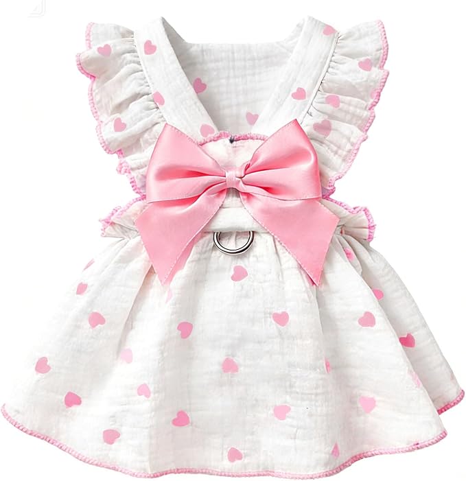 Dog Dresses for Small Dogs Girl Female Dog Cat Clothes Dress Cute Cotton Extra Summer Clothes Bow Decor Printed Love Birthday Outfit Puppy Clothes (Light Pink, Small)
