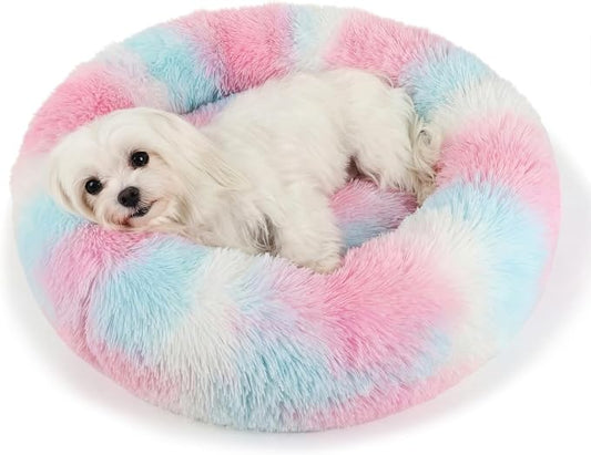 Calming Donut Dogs Beds for Small Dogs Washable,23inch Plush Round Pet Bed for Cozy Sleep,Fluffy Faux Fur Large Cat Bed,Fits up to 25 lbs Pets,Multi Colored