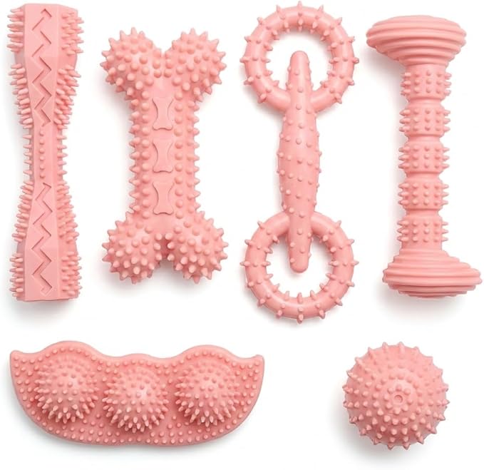 Puppy Chew Toys 6 Pack, Soft TPR Teething Toys for Puppies 2–10 Months, BPA Free Non Toxic Set with Treat Dispensing Stick, Tug Ring & Squeaky Ball for Small Medium Dogs (Pink)