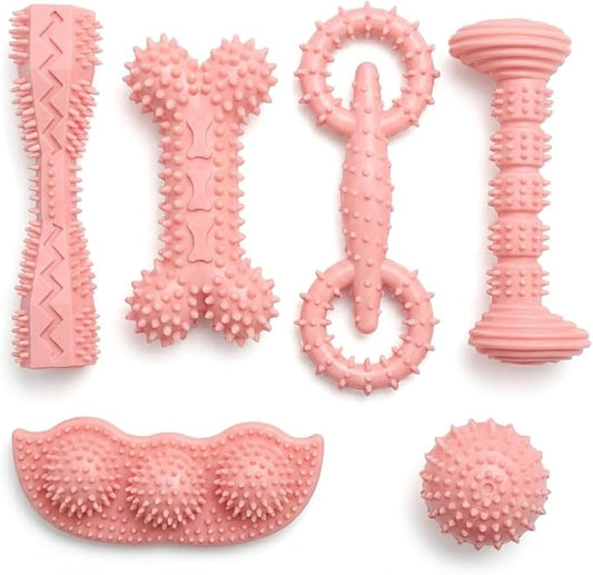 Puppy Chew Toys 6 Pack, Soft TPR Teething Toys for Puppies 2–10 Months, BPA Free Non Toxic Set with Treat Dispensing Stick, Tug Ring & Squeaky Ball for Small Medium Dogs (Pink)