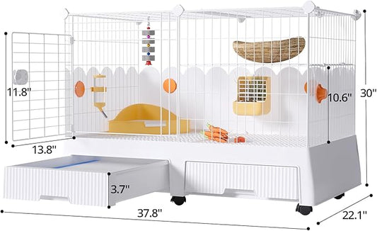 Oneluck Large Rabbit Cage Indoor,2-Story Bunny Hutch with Rasied Urine-Proof Walls, Leak-Proof Trays, Wheels,37" L x22 W x 30" H for Rabbits, Chinchillas, Guinea Pig (Large, Opaque)