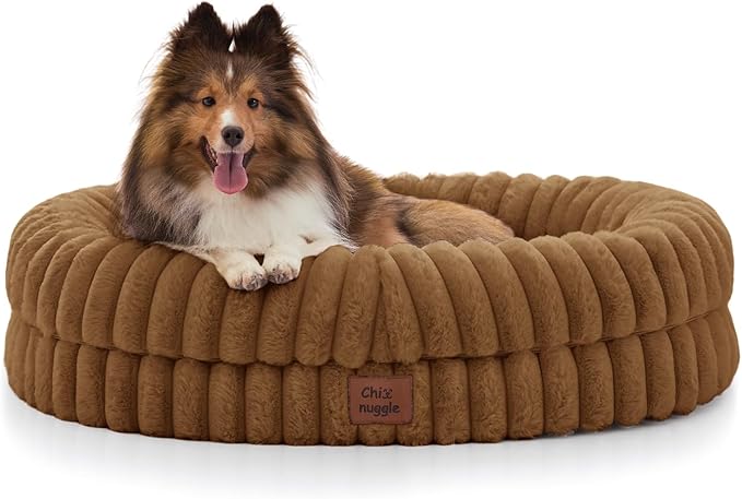 ChiXnuggle Dog Bed Medium Sized Dog - Luxury Striped Faux Fur Waterproof Pet Couch with Removable Washable Cover, Orthopedic Pet Bed with Bolster Sides for Sleeping, Brown