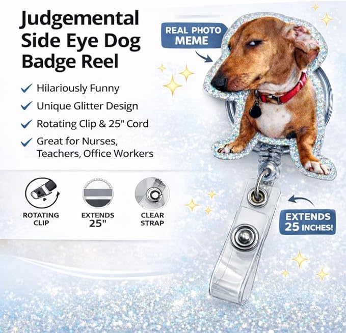 Side Eye Dog Badge Reel Cute Fun Funny Animal Cool Meme Puppy Medical ID Name Holder with Retractable Clip Office Hospital Accessories Gifts for Nurse Vet Veterinarian RN CNA Pet Parents Veterinary