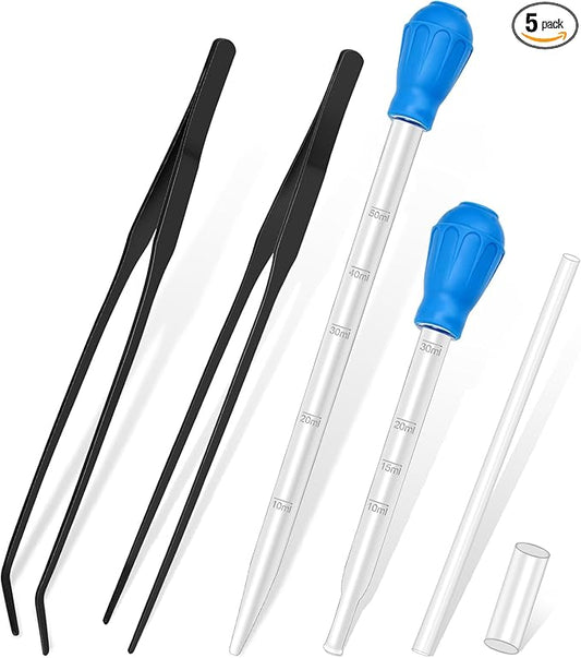 5 in 1 Aquarium Coral Feeder Kit, Luxiv 2 Pcs 60ml and 30ml Aquatic Reef Feeding Dropper with 10in Extender Pipe, 2 Pcs Stainless Steel Straight and Curved Aquarium Tweezers for Feeding Tong (Black)