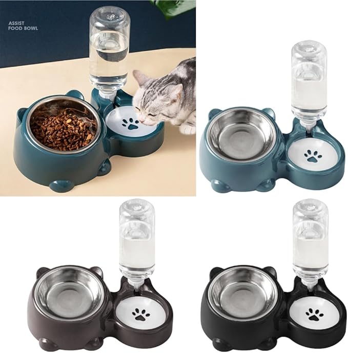 Automatic Refill Pet Water Bowl and Food Dish Set with Stainless Steel Removable Tray Anti Tip Base for Small Animals