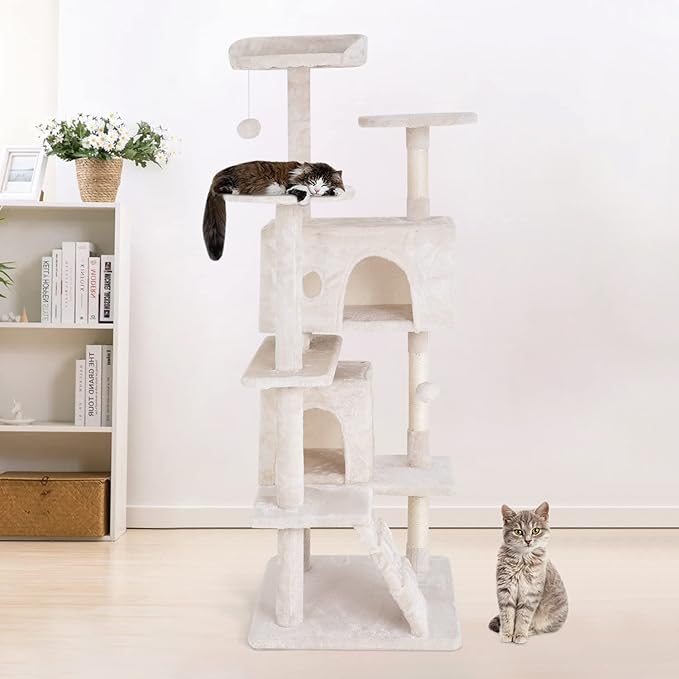 PayLessHere Cat Tree 54in Tower with Cat Scratching Post,Multi-Level Stand House Furniture Kitty Activity Center with Furry Ball Toys for Indoor (Beige)