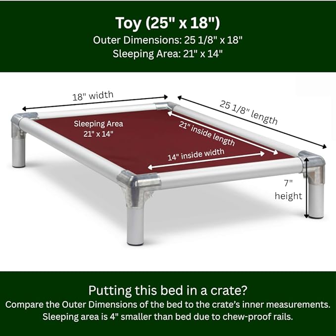 Kuranda Chewproof Elevated Dog Bed - Silver Aluminum - 25" x 18" - Heavy Duty Vinyl - Burgundy