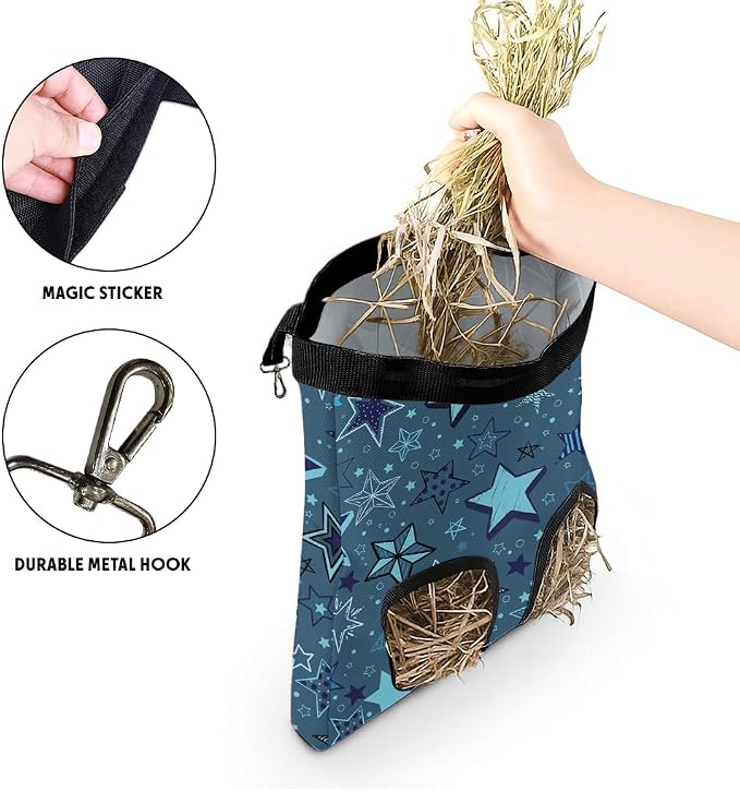 WIRESTER Oxford Hanging Guinea Pig Hay Feeder 11x9 Inch, Rabbit Hay Feeding Storage Bag for Bunny Chinchilla Hamster with Back Hooks, 2 Holes - Multi-Stars Pattern