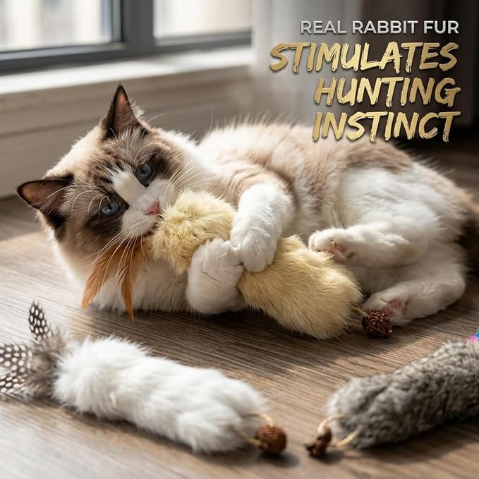 Cat Toys with Real Rabbit Fur Feather,6pcs Kitten Catnip Toy Gall Fruit Treat & Crinkle Paper for Kicking Teeth Cleaning & Stress Relief for Indoor Cats Interactive Christmas Birthday Gift